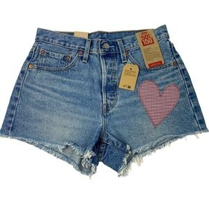Levi's 501 High Rise Women's Denim Shorts Gingham Heart Patch Size 27 Frayed Hem